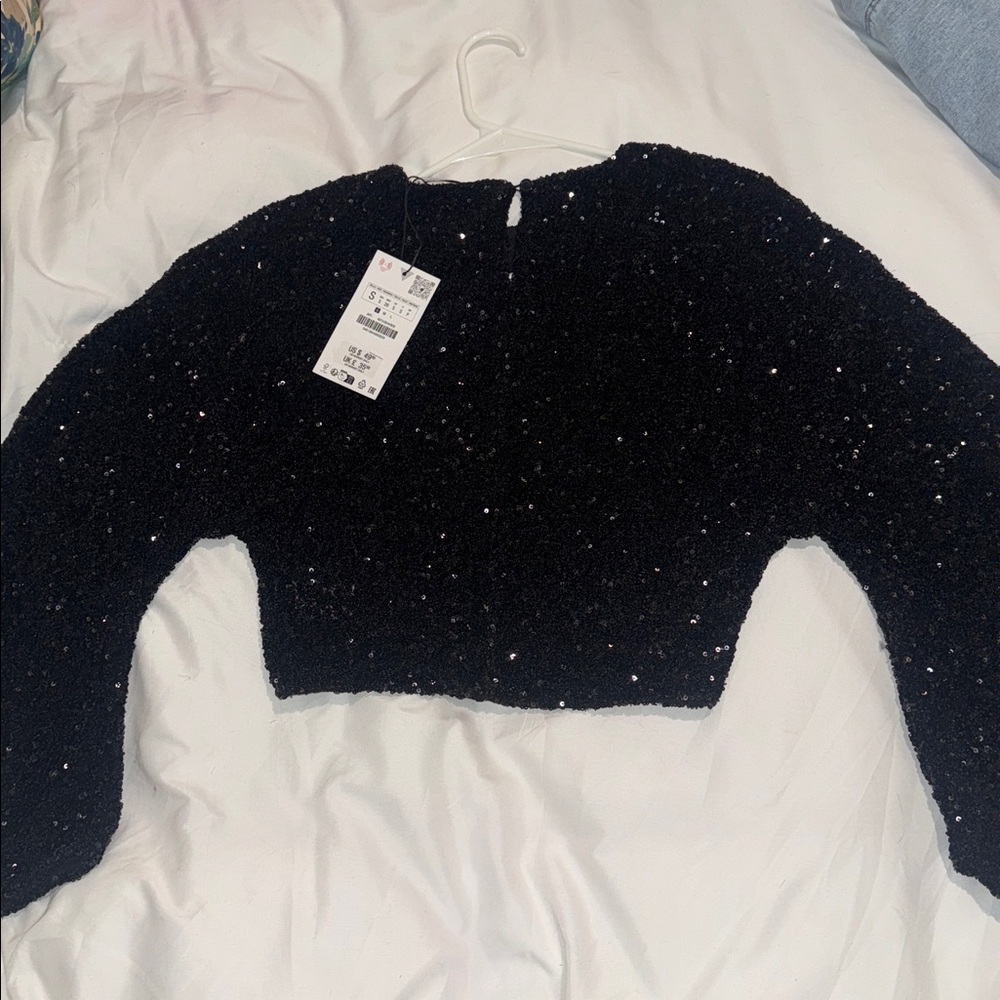 Zara Black Sequin Cropped Top